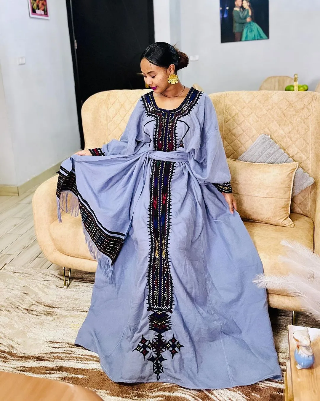 Timeless Blue Raya Ethiopian Traditional Dress: with Authentic Handmade Embroidery Habesha Dress Cultural Habesha Kemis