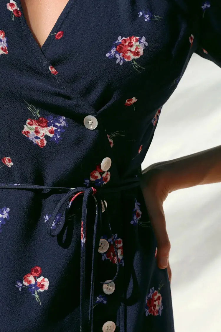 Vintage Floral Printed Puff Sleeve French Wrap Mini Dress - Navy Blue