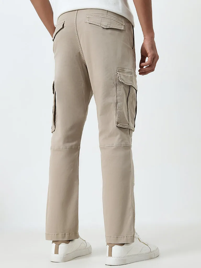 WES Casuals Beige Cargo-Style Relaxed-Fit Mid-Rise Cotton Blend Chinos