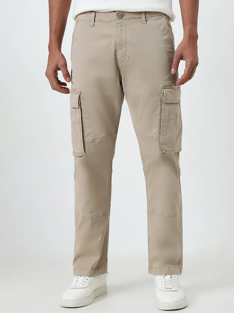 WES Casuals Beige Cargo-Style Relaxed-Fit Mid-Rise Cotton Blend Chinos