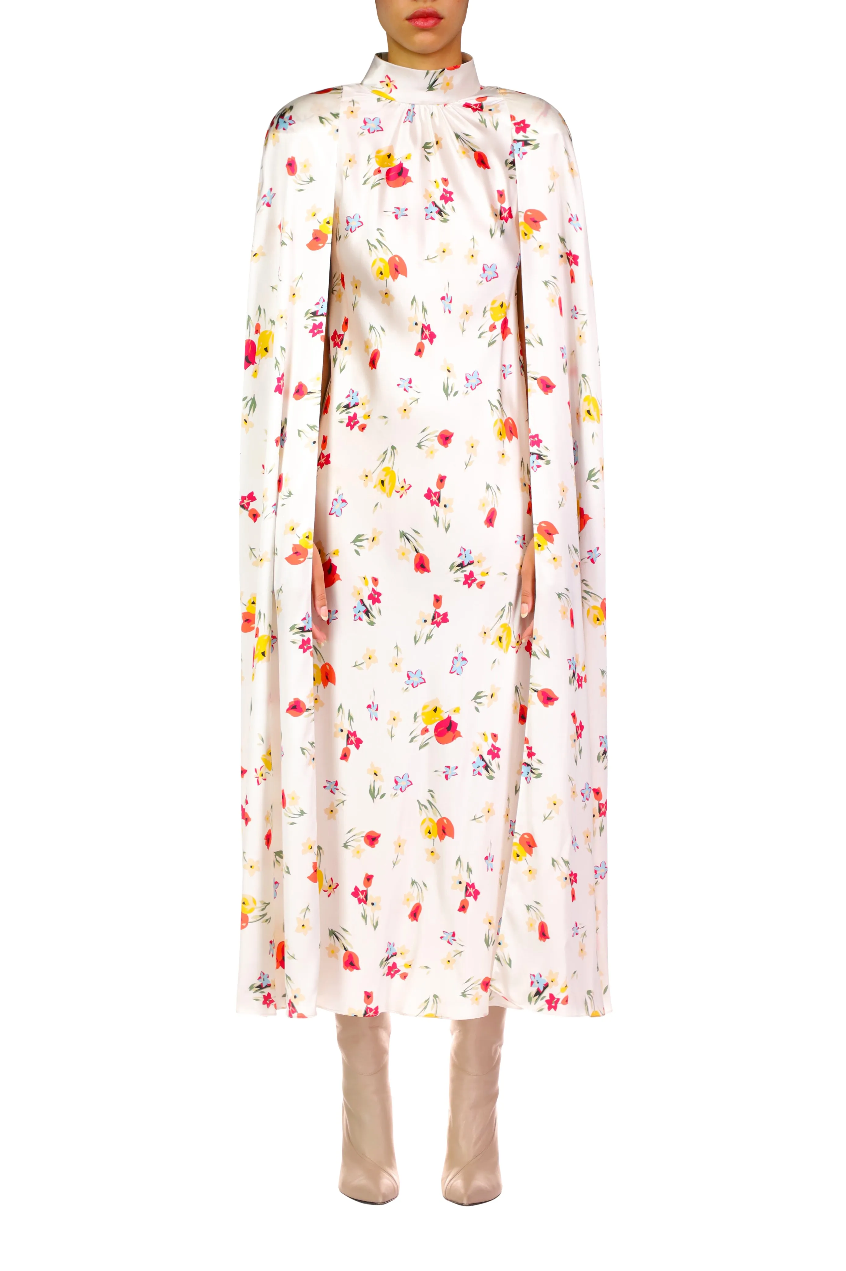 White And Red Tulip Printed Silk Satin Cape Dress