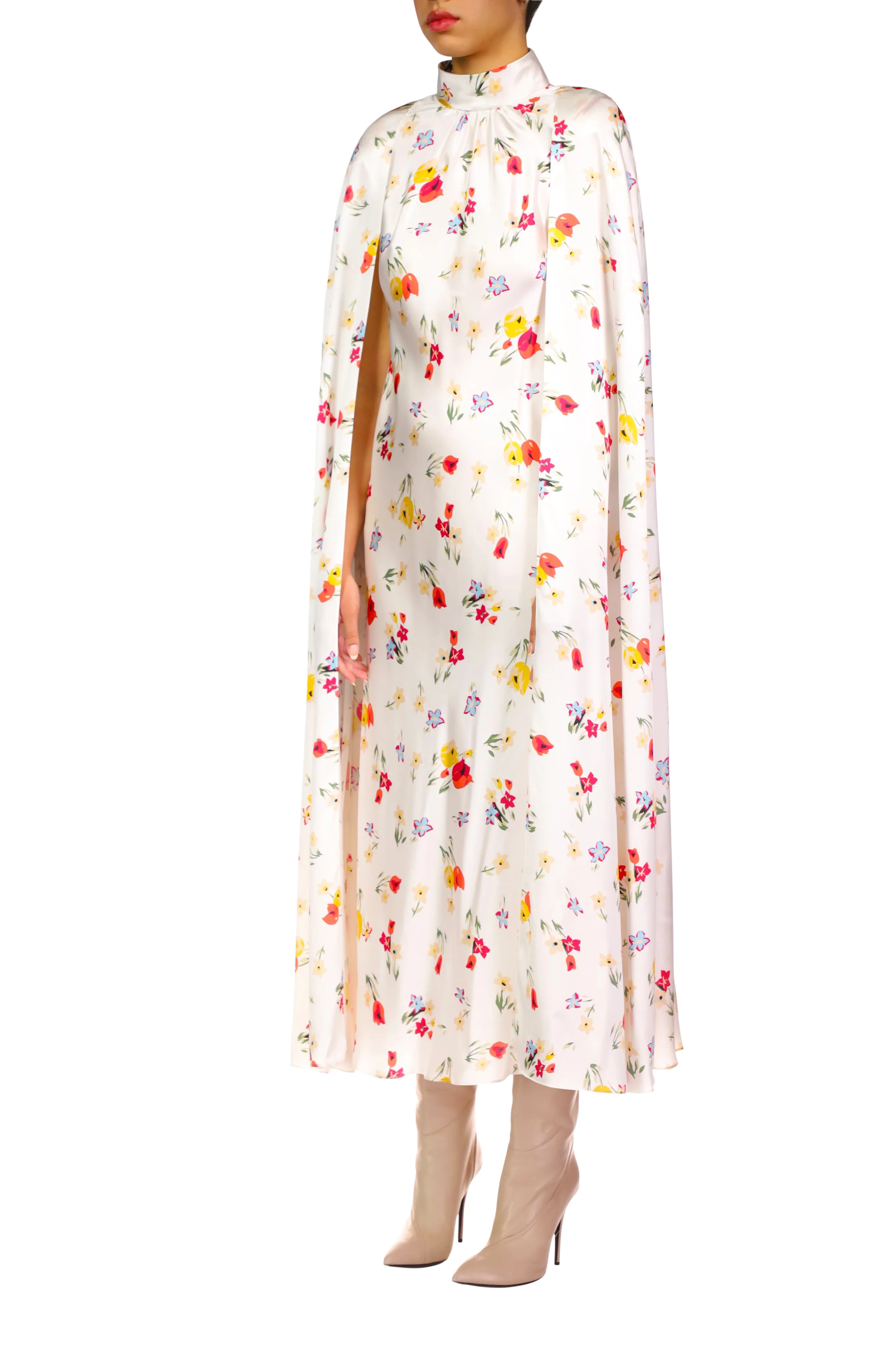 White And Red Tulip Printed Silk Satin Cape Dress