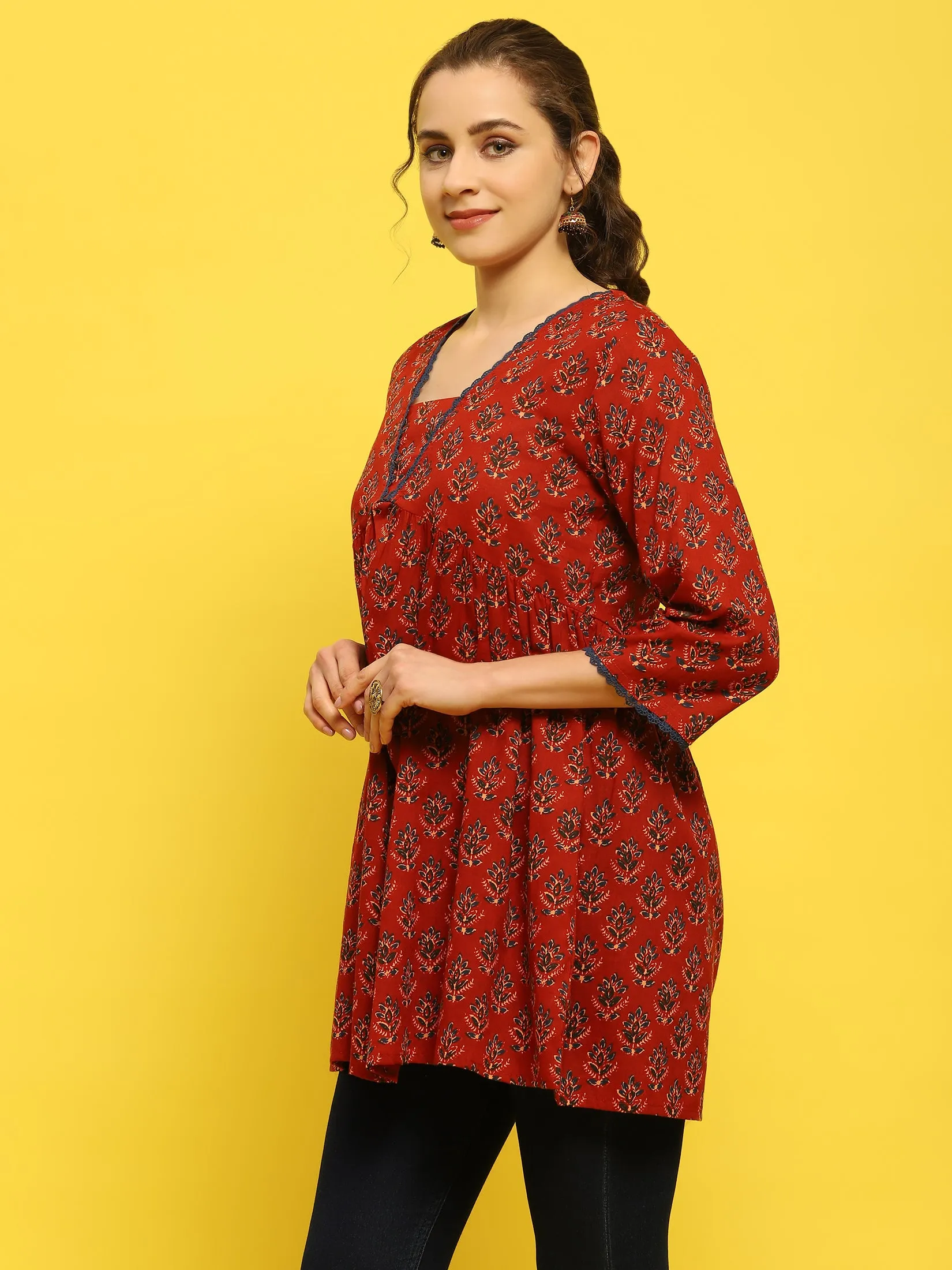 Women Cotton Maroon Floral Print Tunic