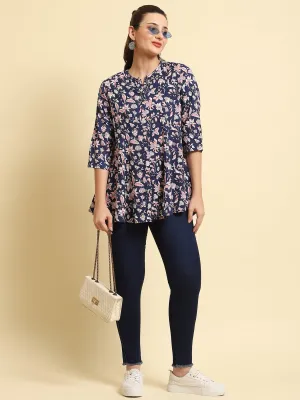 Women Navy Blue Mandarin Collar Tunic