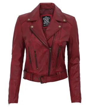 Womens Maroon Leather Motorcycle Jacket