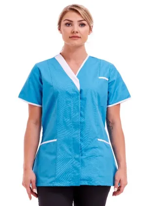 Women's Poly Cotton Asymmetric V Neckline Tunic for Nurses and Care Homes | Size S to XL | FUL04 Turquoise