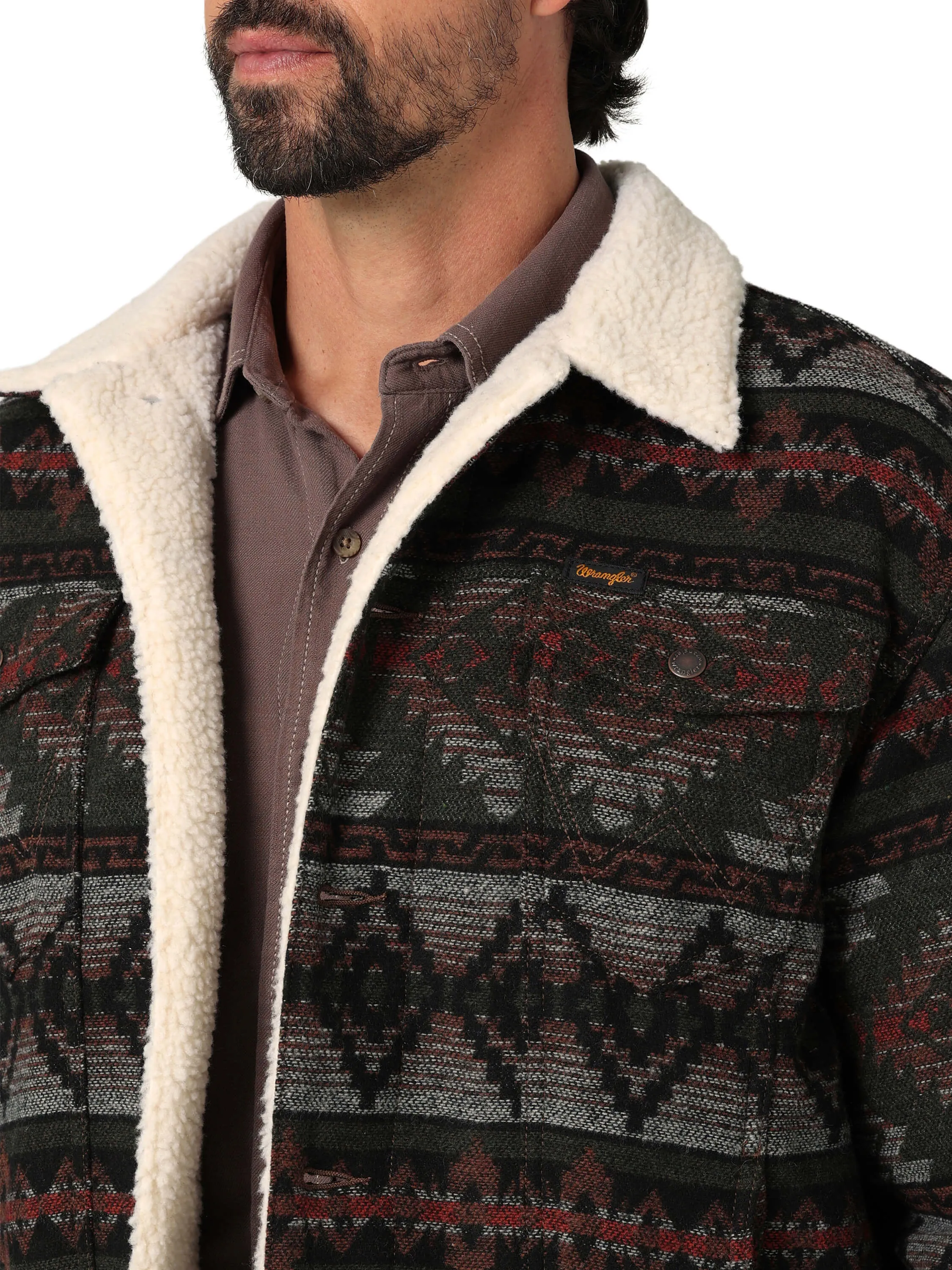 Wrangler | Jacquard Sherpa Lined Olive Print Jacket