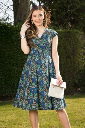 Wrap Cotton Dress Green Blue Floral Print